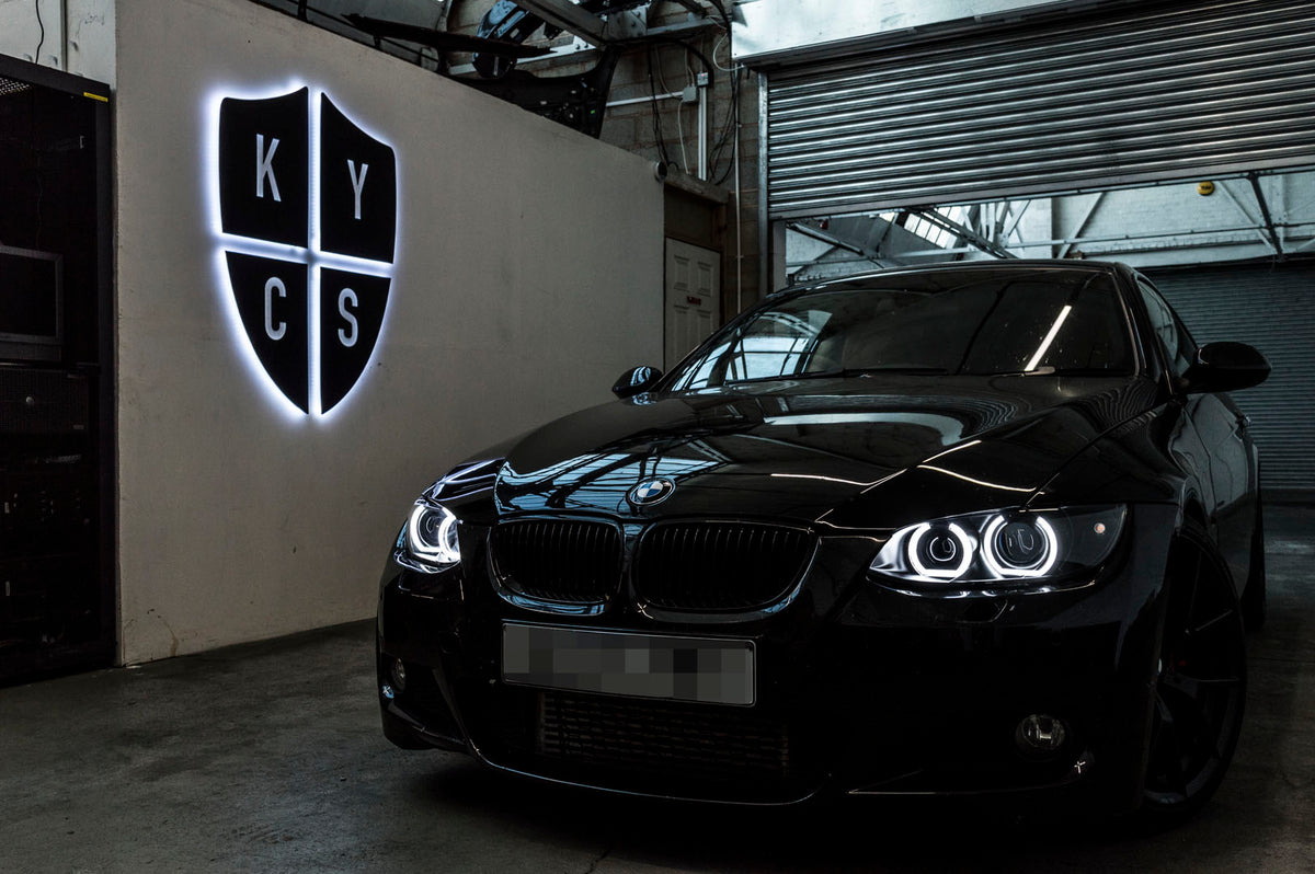 KYCS Fxx Angel Eyes (White) • Classic Blackout • Brand New Plastic Lens Covers • Indicator Lenses Removed • LED Indicators
