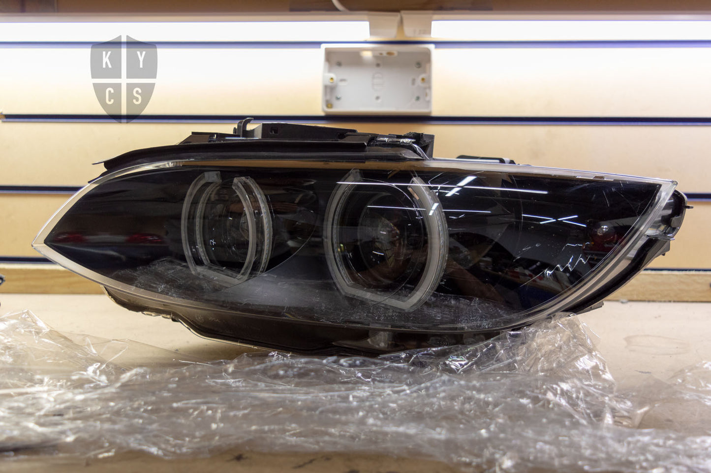 KYCS Fxx Angel Eyes (White) • Classic Blackout • Brand New Plastic Lens Covers • Indicator Lenses Removed • LED Indicators