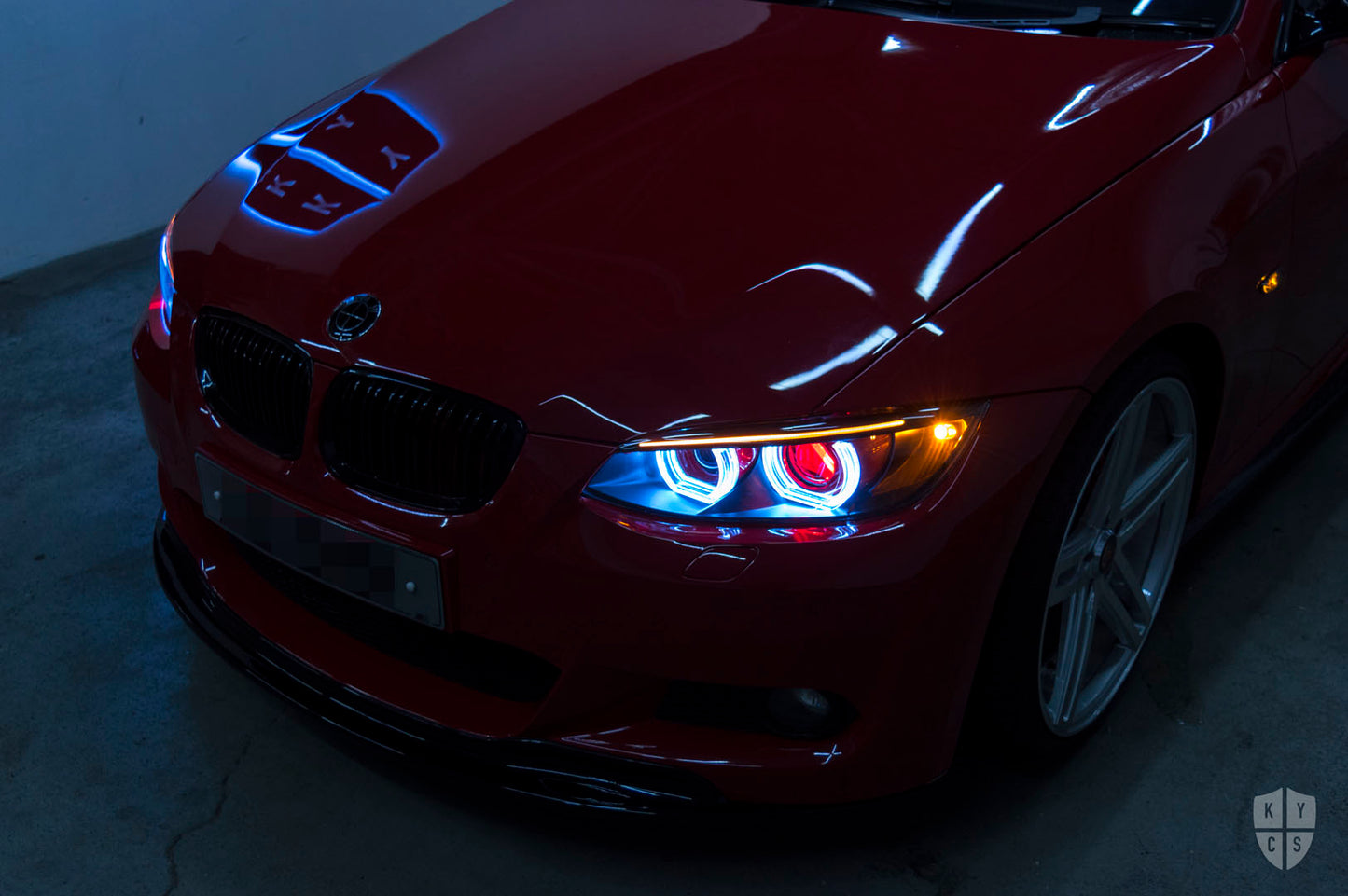 BavGruppe Design Full DTM Angel Eyes (White) • Custom Paintwork • Outer Red Demon Eyes • BavGruppe Design Carbon Fibre LED Eyebrow (Switchback) • LED Indicators • Brand New Plastic Lens Covers • Indicator Lenses Removed