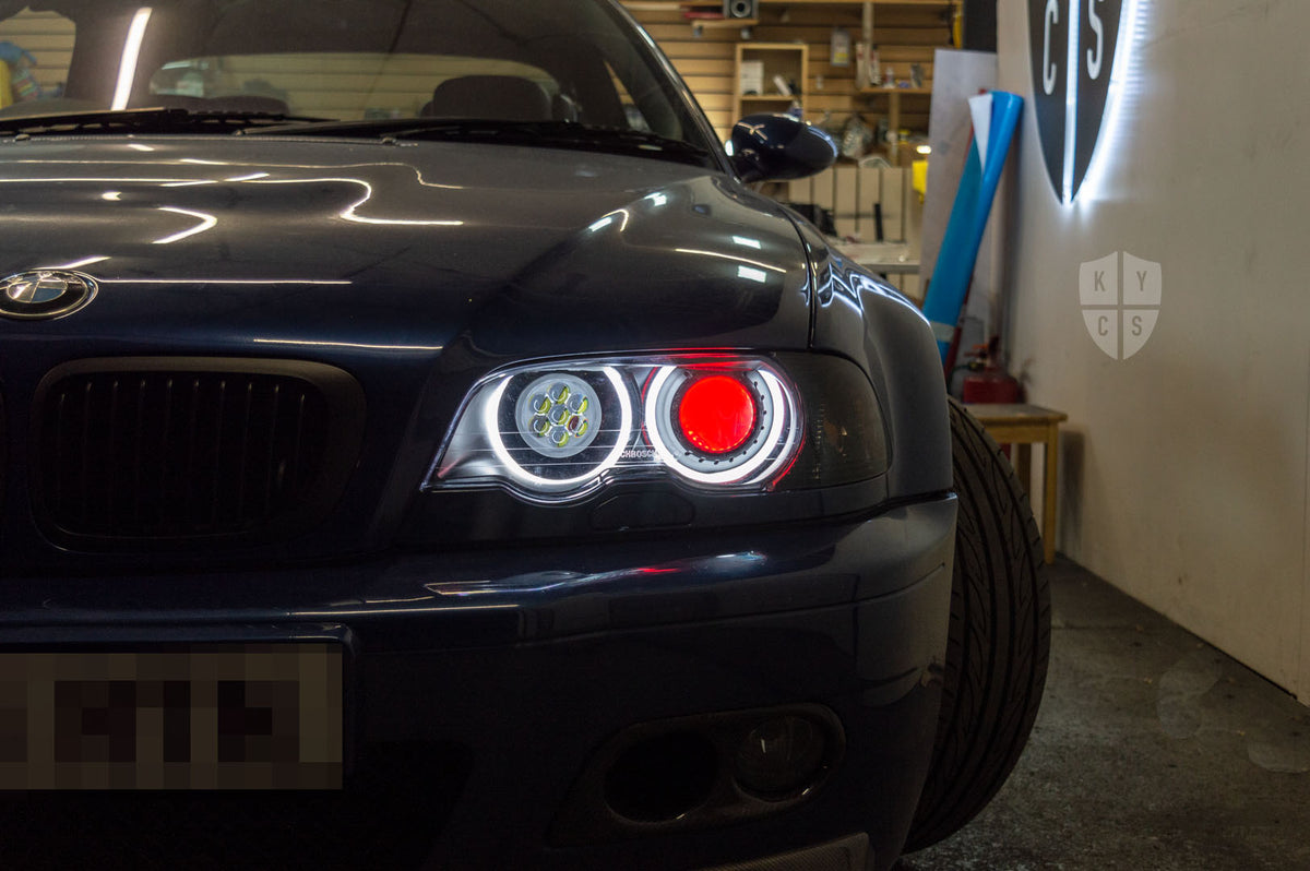 BMW 3 Series E46 (Pre LCI Xenon) Custom Headlights. Equipped With The Following Options: KYCS Full Circle Flat Top (White) | LED High Beam Array | Red Demon Eyes | New Headlight Lenses