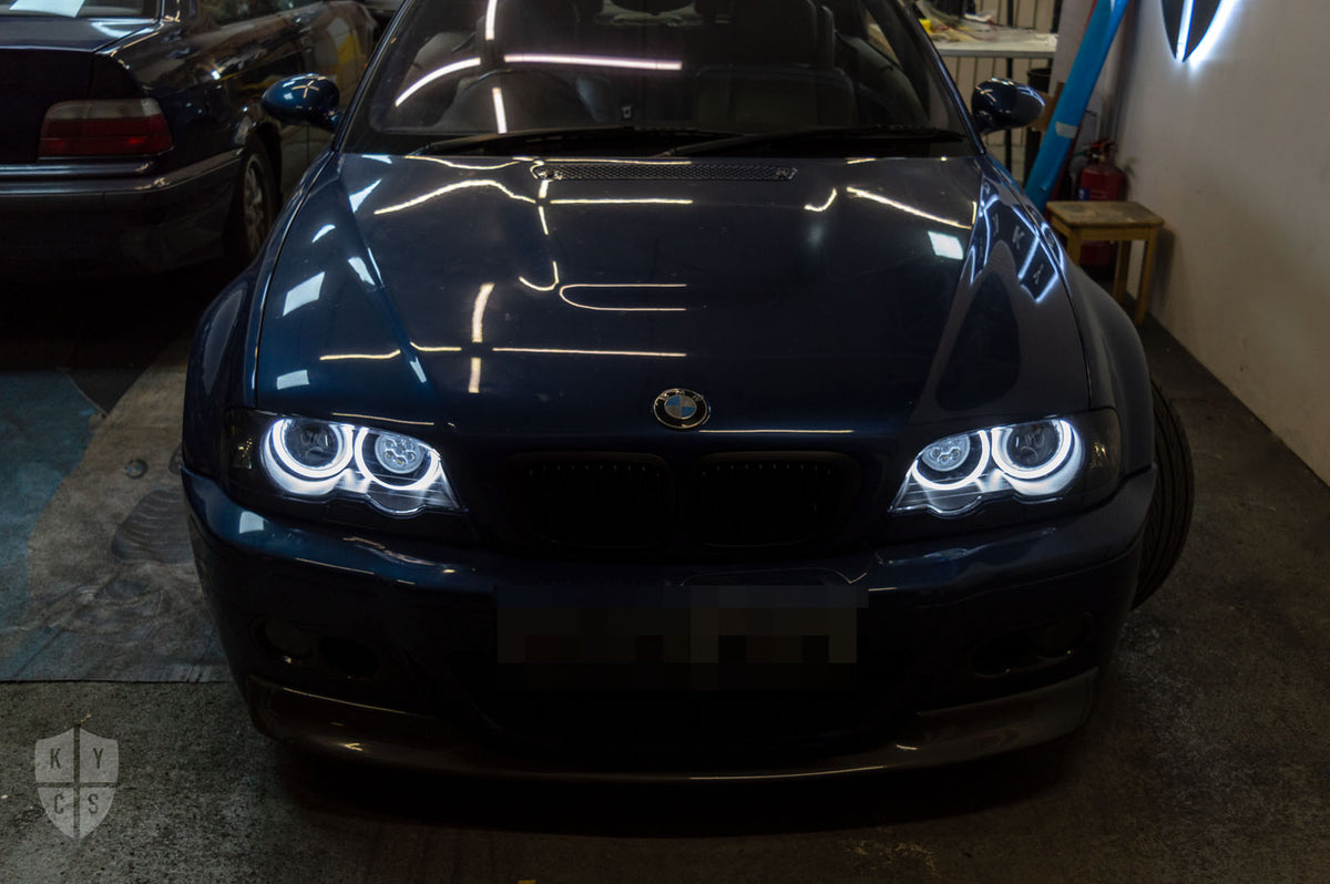 BMW 3 Series E46 (Pre LCI Xenon) Custom Headlights. Equipped With The Following Options: KYCS Full Circle Flat Top (White) | LED High Beam Array | Red Demon Eyes | New Headlight Lenses