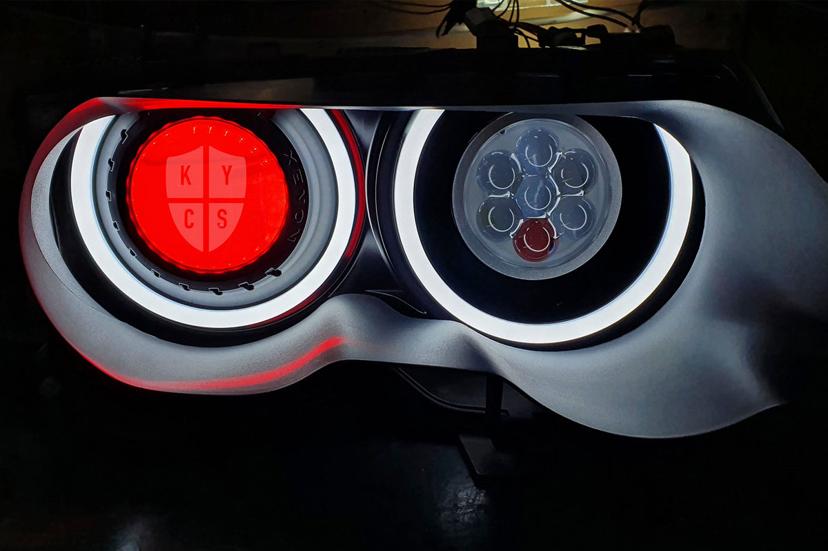 BMW 3 Series E46 (Pre LCI Xenon) Custom Headlights. Equipped With The Following Options: KYCS Full Circle Flat Top (White) | LED High Beam Array | Red Demon Eyes | New Headlight Lenses