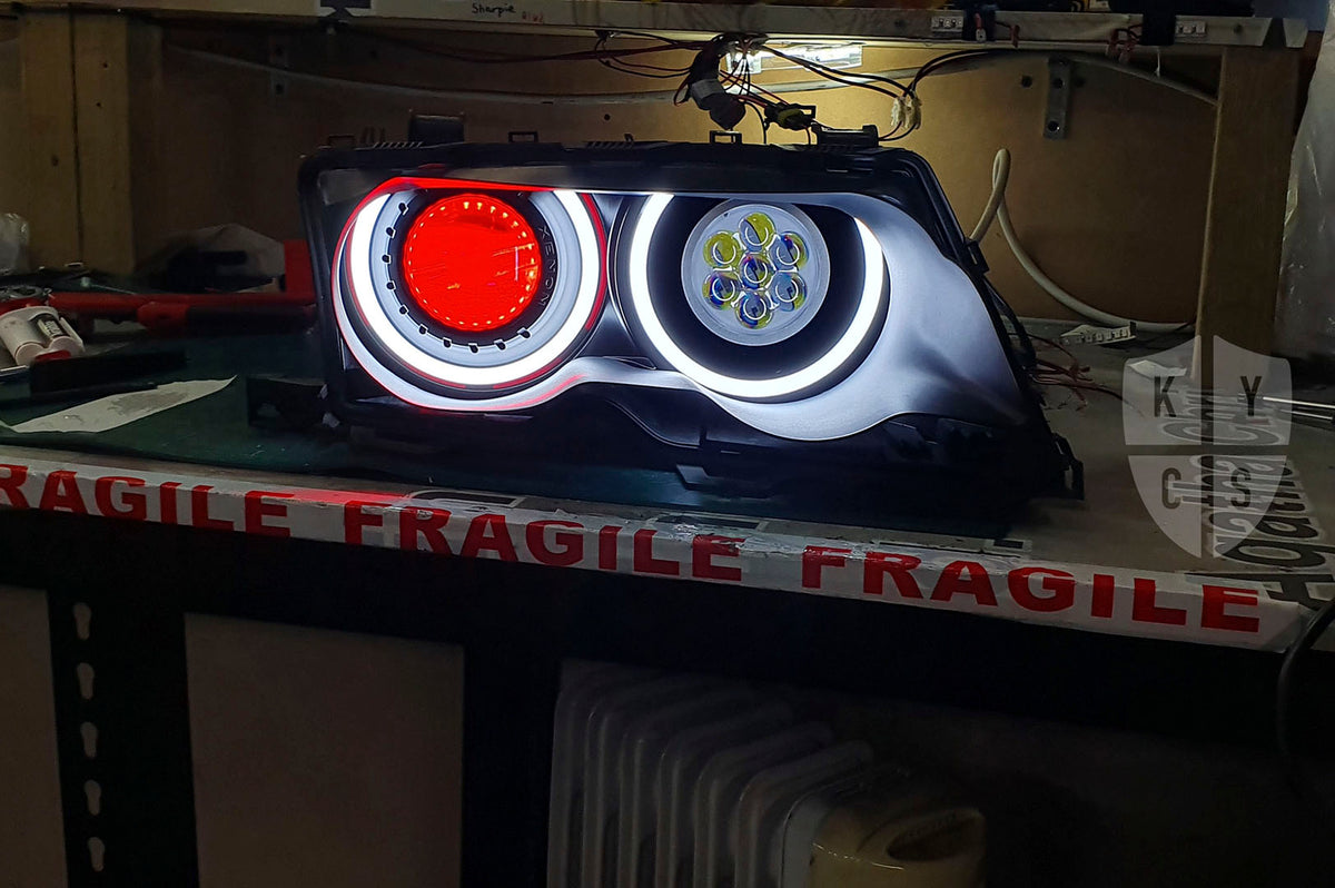 BMW 3 Series E46 (Pre LCI Xenon) Custom Headlights. Equipped With The Following Options: KYCS Full Circle Flat Top (White) | LED High Beam Array | Red Demon Eyes | New Headlight Lenses