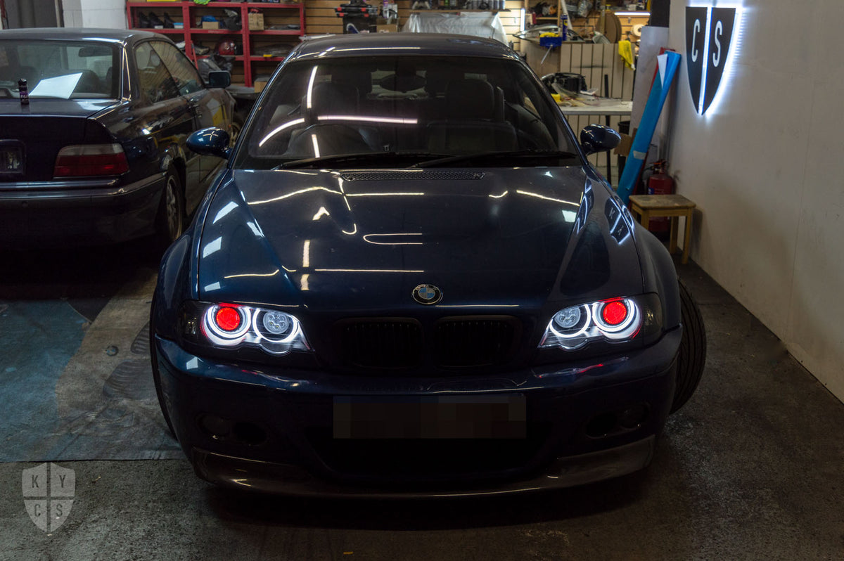 BMW 3 Series E46 (Pre LCI Xenon) Custom Headlights. Equipped With The Following Options: KYCS Full Circle Flat Top (White) | LED High Beam Array | Red Demon Eyes | New Headlight Lenses