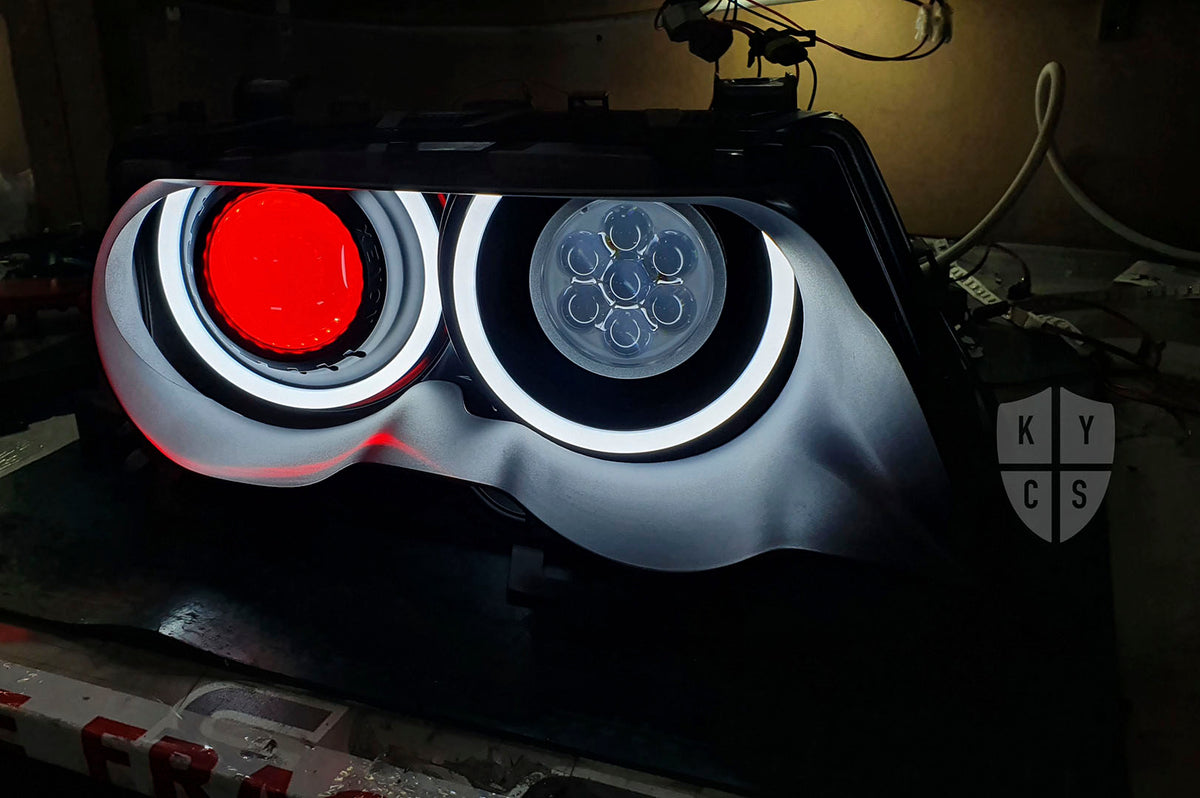BMW 3 Series E46 (Pre LCI Xenon) Custom Headlights. Equipped With The Following Options: KYCS Full Circle Flat Top (White) | LED High Beam Array | Red Demon Eyes | New Headlight Lenses