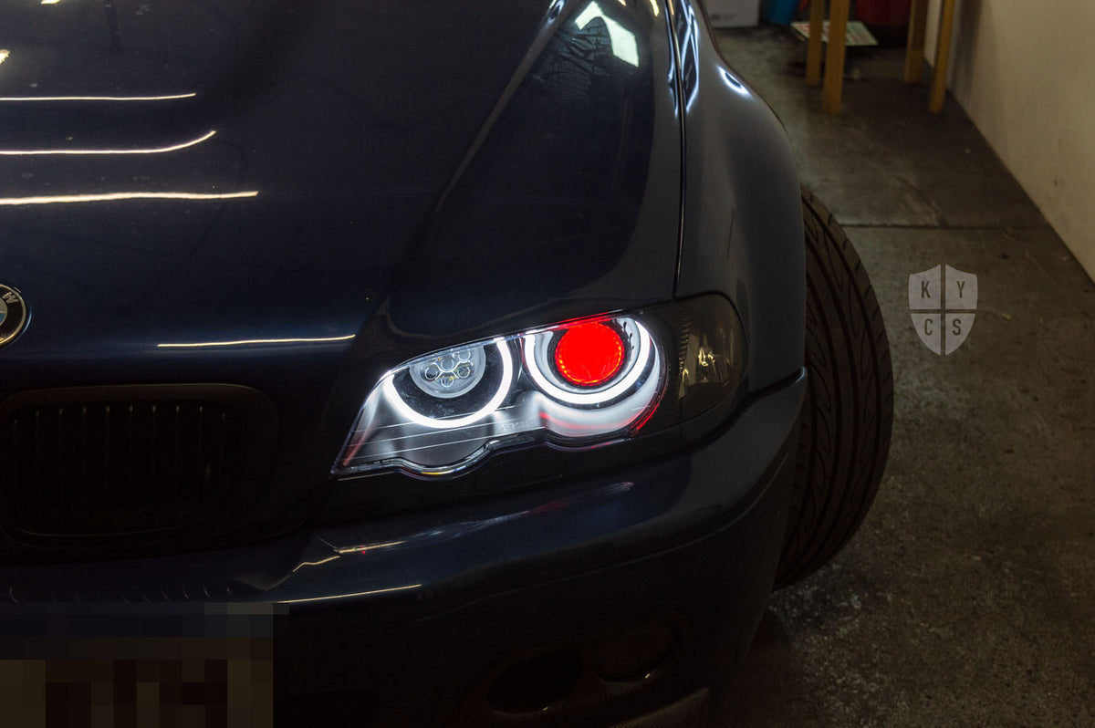 BMW 3 Series E46 (Pre LCI Xenon) Custom Headlights. Equipped With The Following Options: KYCS Full Circle Flat Top (White) | LED High Beam Array | Red Demon Eyes | New Headlight Lenses