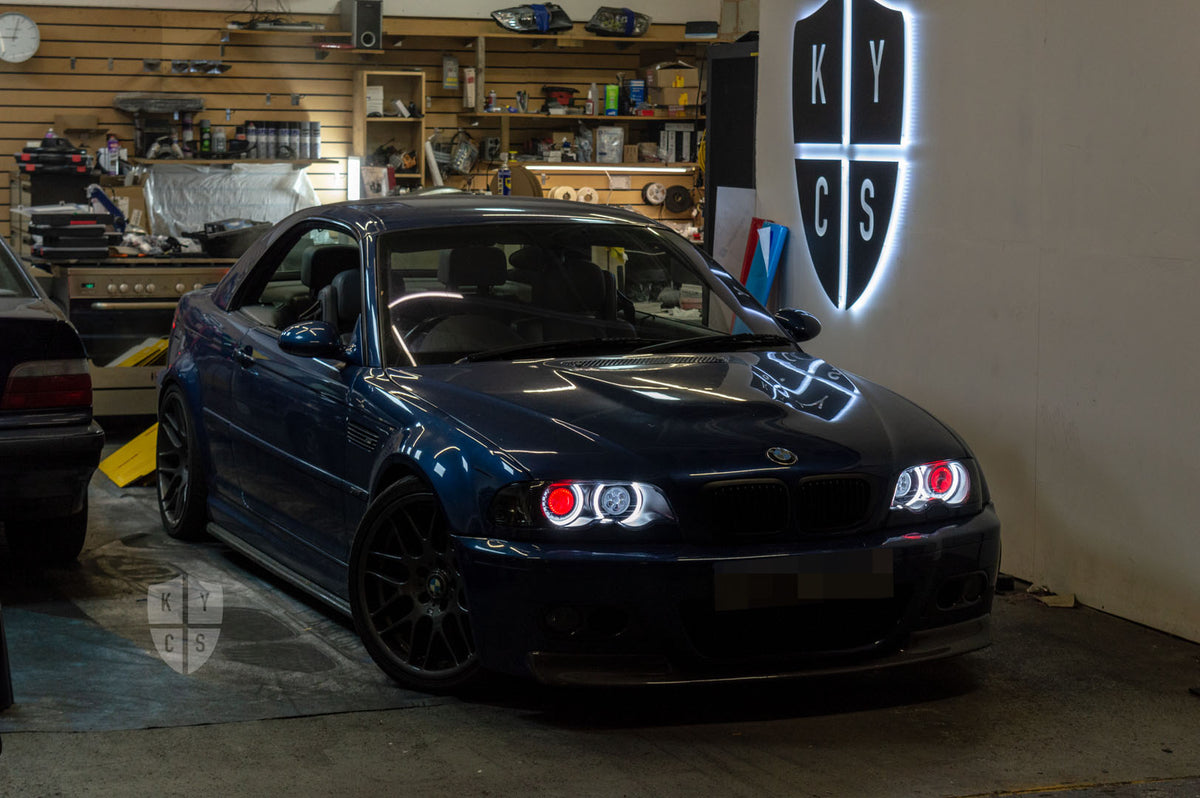 BMW 3 Series E46 (Pre LCI Xenon) Custom Headlights. Equipped With The Following Options: KYCS Full Circle Flat Top (White) | LED High Beam Array | Red Demon Eyes | New Headlight Lenses