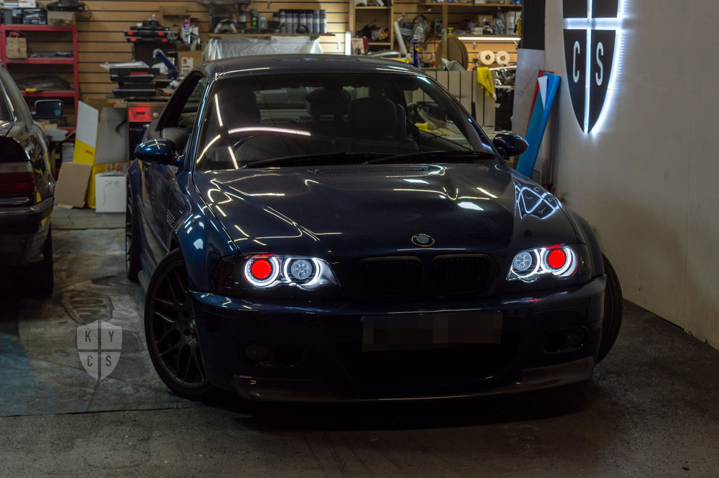 BMW 3 Series E46 (Pre LCI Xenon) Custom Headlights. Equipped With The Following Options: KYCS Full Circle Flat Top (White) | LED High Beam Array | Red Demon Eyes | New Headlight Lenses