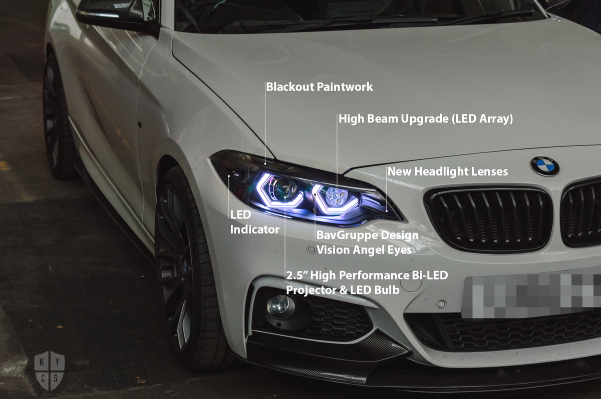 BMW 2 Series E87 & F22 F23 F87 (Pre LCI Halogen) Custom Headlights. Equipped With The Following Options: BavGruppe Design Vision Angel Eyes (White) | Bi-LED Projector | LED High Beam Array | New Lenses