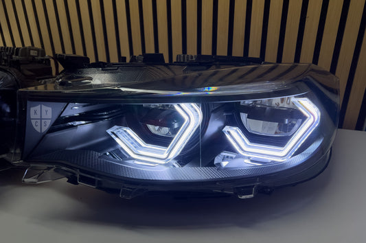 BMW 3 Series GT F34 adaptive LED headlight with the angel eye DRL lit, clear lens after a KYCS headlight repair