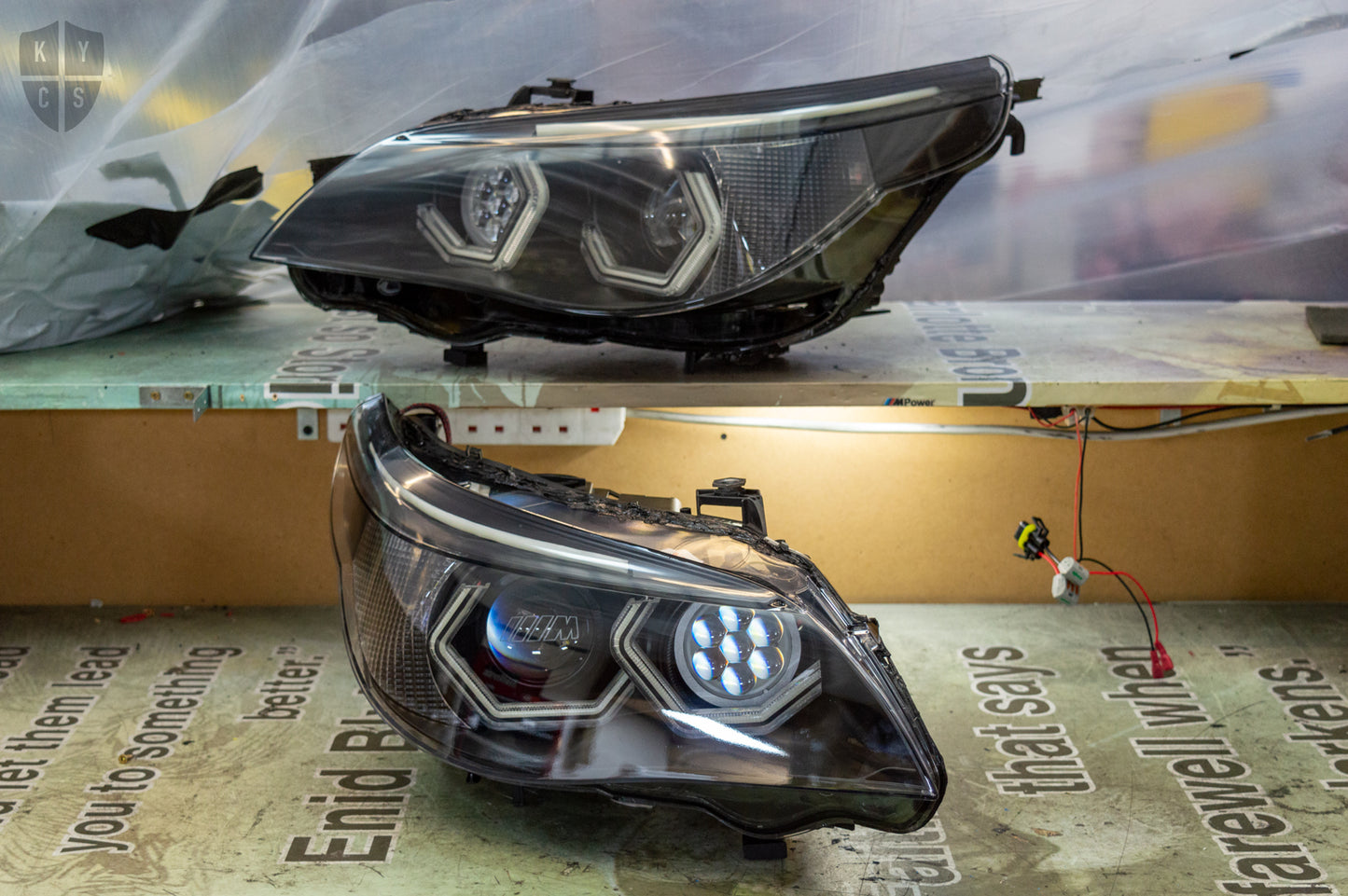 Headlight options on the above vehicle: BavGruppe Design (white) angel eyes | Classic blackout | Upgraded projectors (G5) | Etched lenses | Upgraded high beam (high beam LED unit array style) | Red demon eye | Upgraded eyebrow (switchback) | New headlight plastic lenses/covers