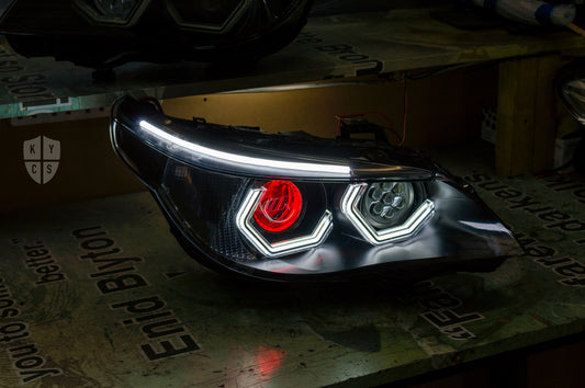 Headlight options on the above vehicle: BavGruppe Design (white) angel eyes | Classic blackout | Upgraded projectors (G5) | Etched lenses | Upgraded high beam (high beam LED unit array style) | Red demon eye | Upgraded eyebrow (switchback) | New headlight plastic lenses/covers