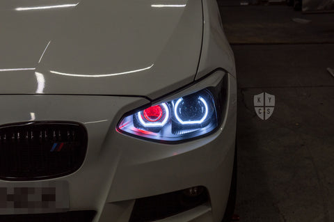 BMW 1 Series F20 F21 (Pre LCI Halogen) Custom Headlights. Equipped With The Following Options: KYCS 3/4 DTM Angel Eyes (White) | Bi-LED Projector | Red Demon Eyes | Custom Paintwork