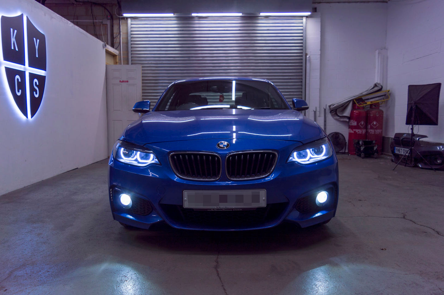 BMW 2 Series E87 & F22 F23 F87 (Pre LCI Halogen) Custom Headlights. Equipped With The Following Options: KYCS DTM Angel Eyes (White) | Bi-LED Projector