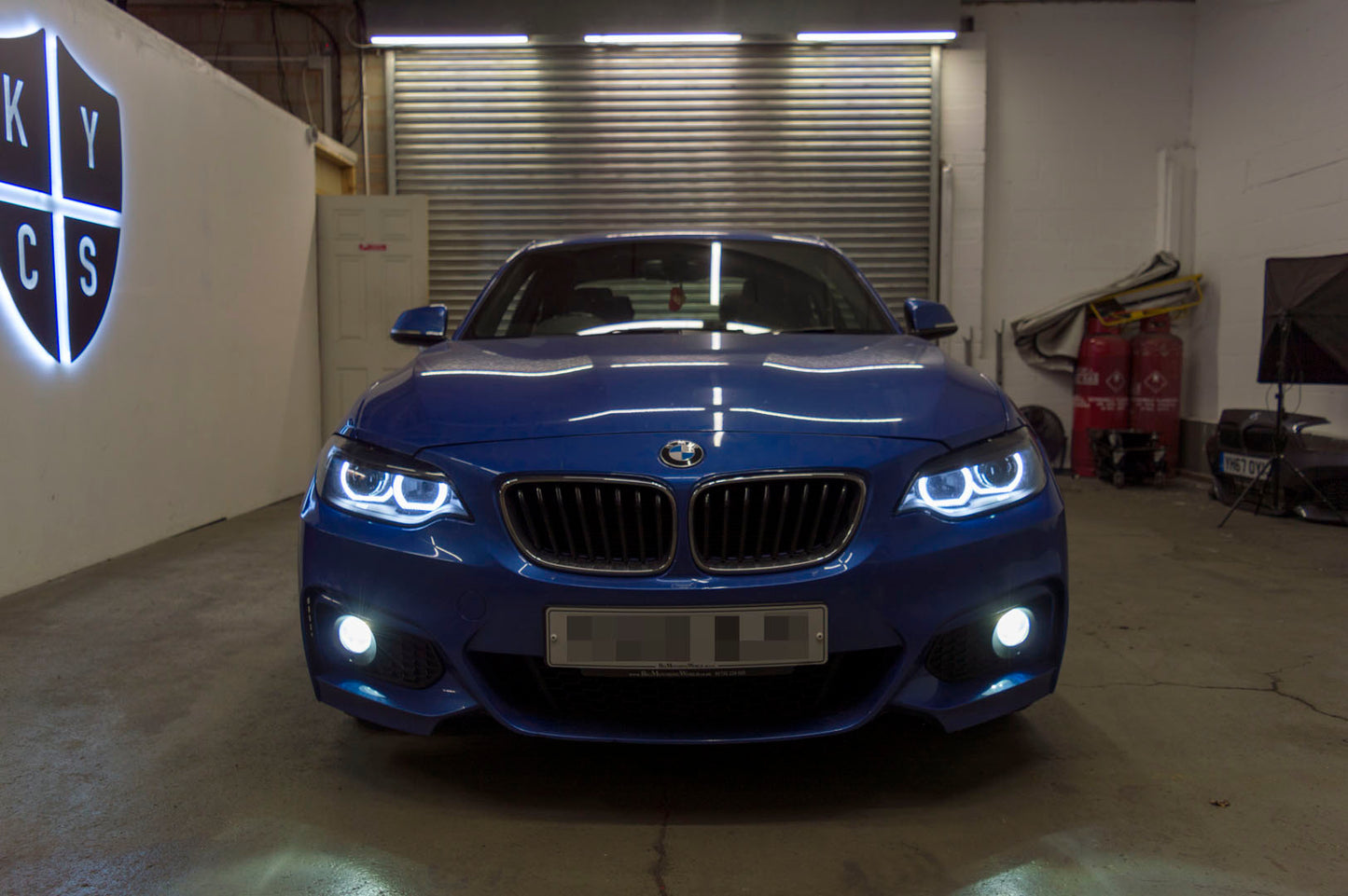BMW 2 Series E87 & F22 F23 F87 (Pre LCI Halogen) Custom Headlights. Equipped With The Following Options: KYCS DTM Angel Eyes (White) | Bi-LED Projector