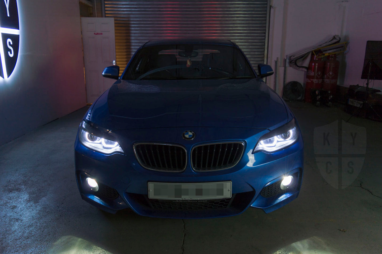 BMW 2 Series E87 & F22 F23 F87 (Pre LCI Halogen) Custom Headlights. Equipped With The Following Options: KYCS DTM Angel Eyes (White) | Bi-LED Projector