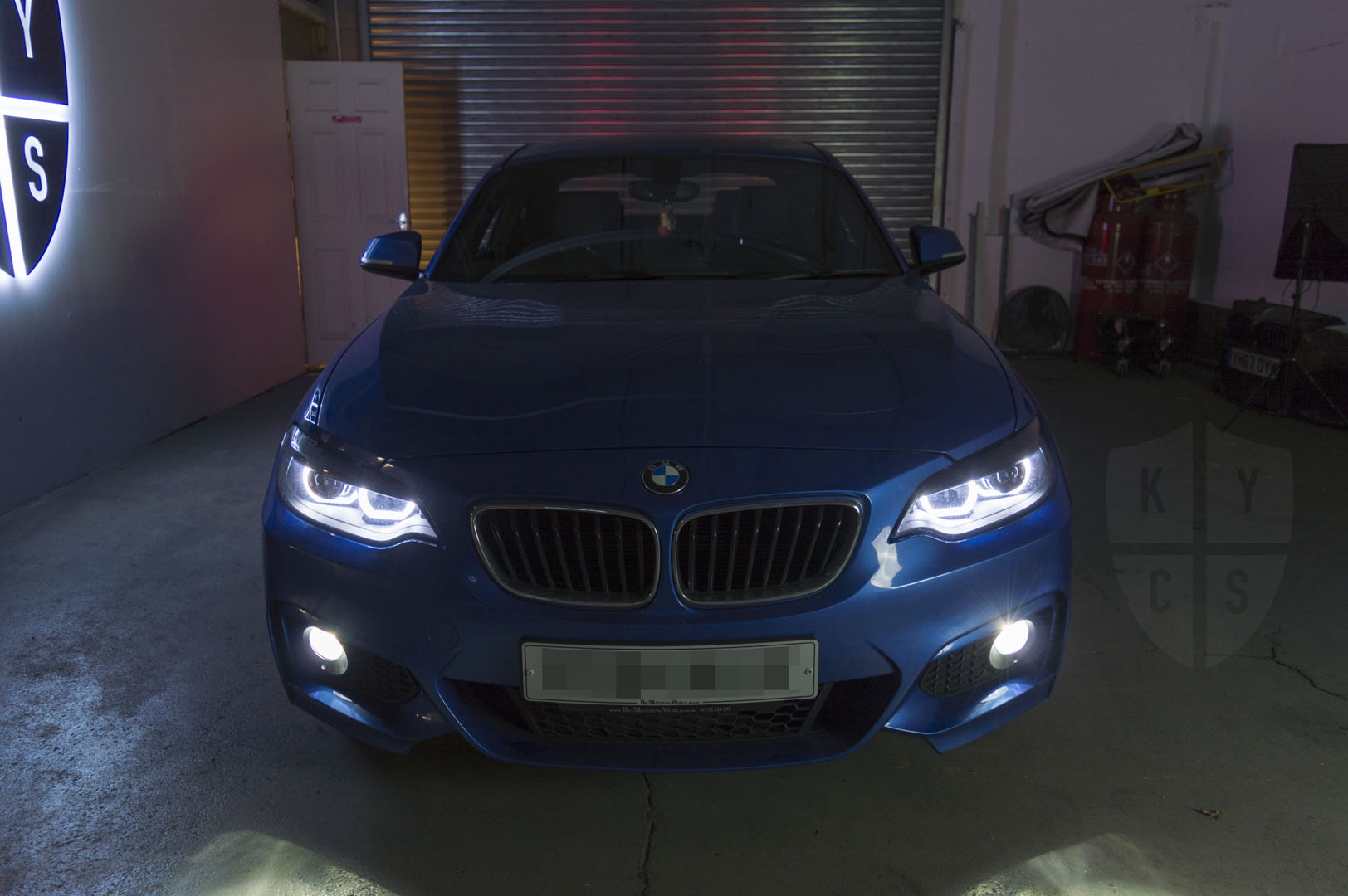 BMW 2 Series E87 & F22 F23 F87 (Pre LCI Halogen) Custom Headlights. Equipped With The Following Options: KYCS DTM Angel Eyes (White) | Bi-LED Projector