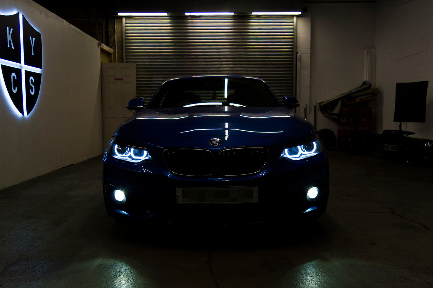 BMW 2 Series E87 & F22 F23 F87 (Pre LCI Halogen) Custom Headlights. Equipped With The Following Options: KYCS DTM Angel Eyes (White) | Bi-LED Projector