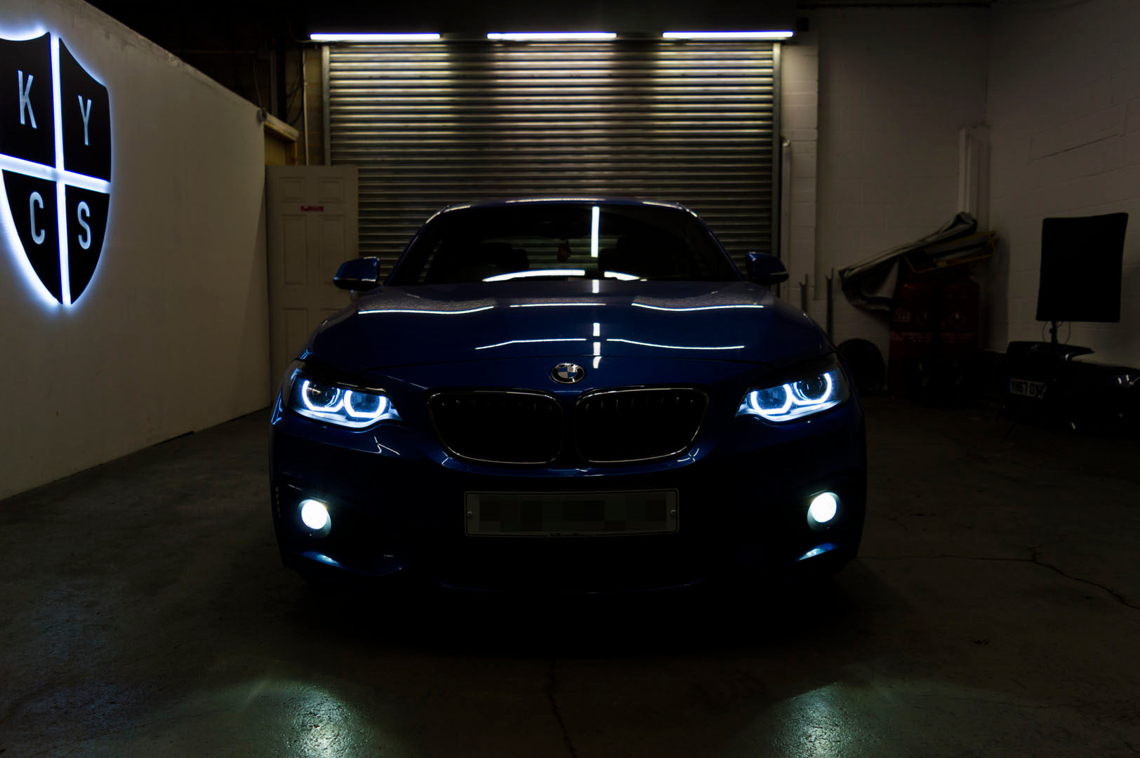 BMW 2 Series E87 & F22 F23 F87 (Pre LCI Halogen) Custom Headlights. Equipped With The Following Options: KYCS DTM Angel Eyes (White) | Bi-LED Projector