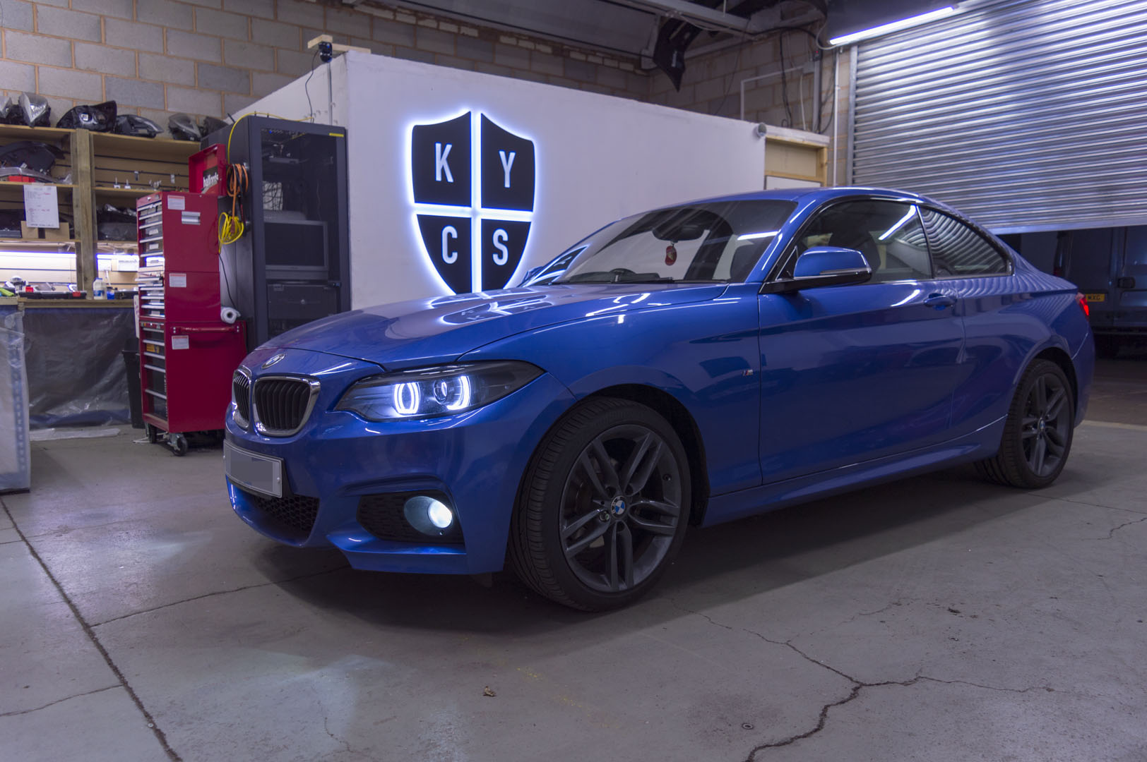 BMW 2 Series E87 & F22 F23 F87 (Pre LCI Halogen) Custom Headlights. Equipped With The Following Options: KYCS DTM Angel Eyes (White) | Bi-LED Projector