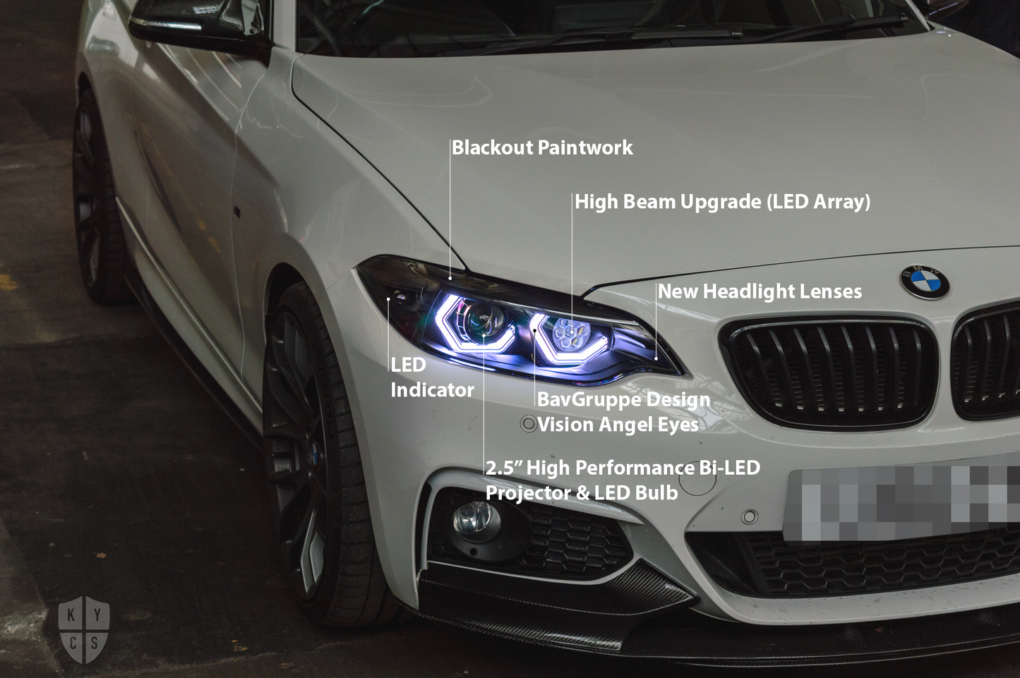BMW 2 Series E87 & F22 F23 F87 (Pre LCI Halogen) Custom Headlights. Equipped With The Following Options: BavGruppe Design Vision Angel Eyes (White) | Bi-LED Projector | LED High Beam Array | New Lenses
